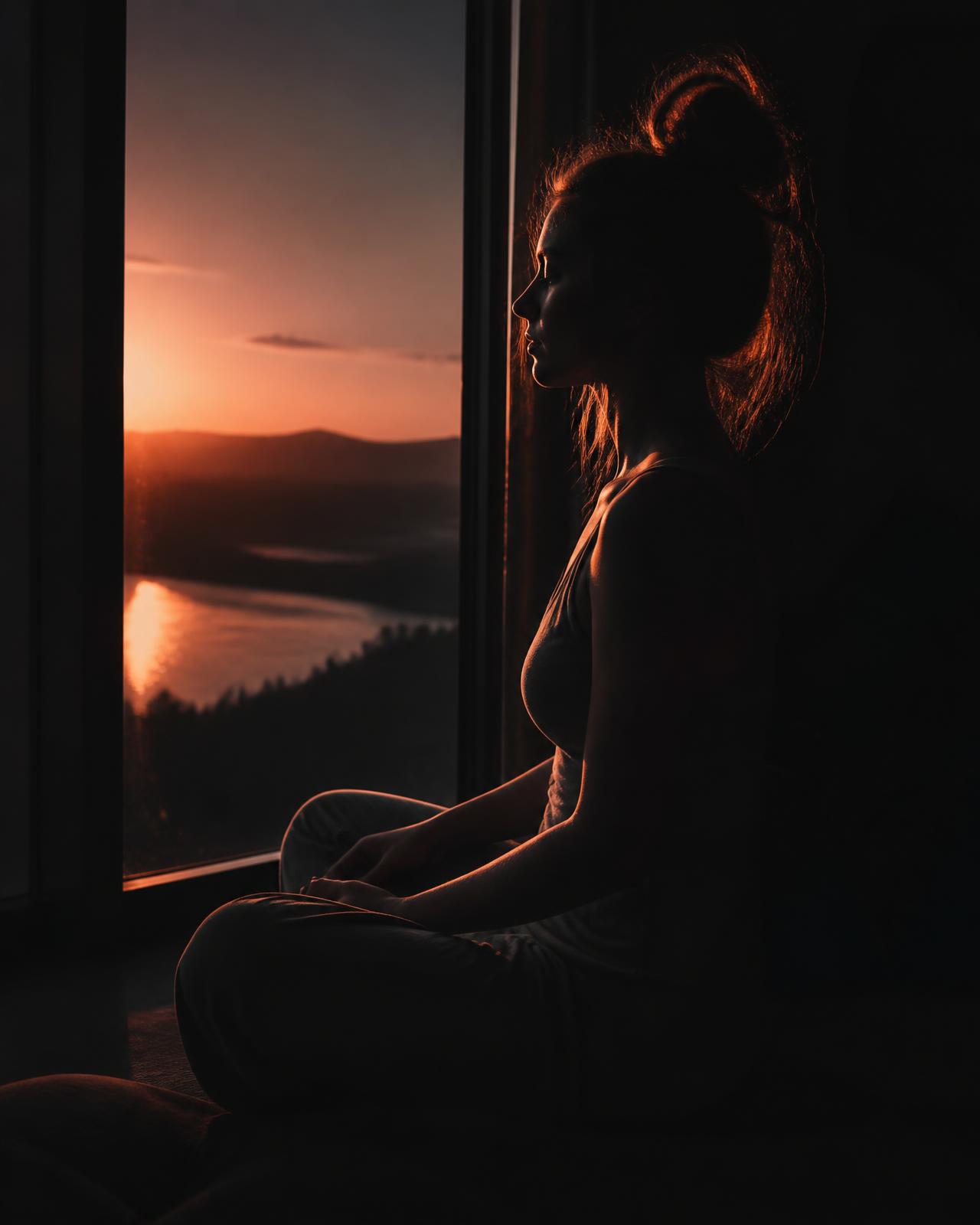 A member sitting quietly by a window at sunrise